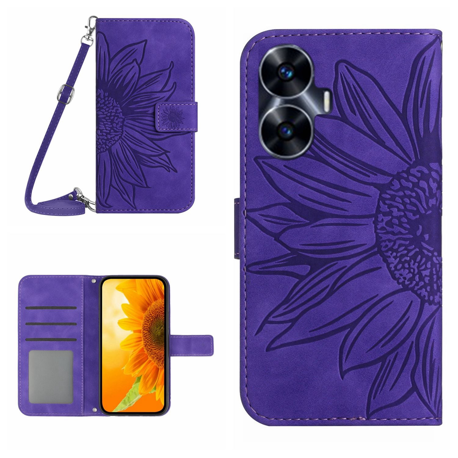 HT04 Skin-touch Leather Flip Cover for Realme C55 , Sunflower Imprinted Stand Wallet Case with Shoulder Strap