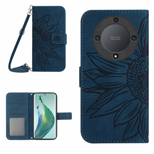 For Honor Magic5 Lite 5G / X9a 5G HT04 Leather Phone Case Sunflower Pattern Stand Wallet Cover with Shoulder Strap