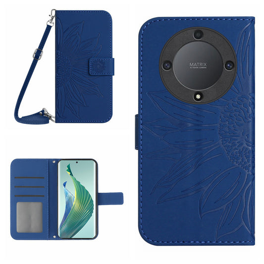 For Honor Magic5 Lite 5G / X9a 5G HT04 Leather Phone Case Sunflower Pattern Stand Wallet Cover with Shoulder Strap