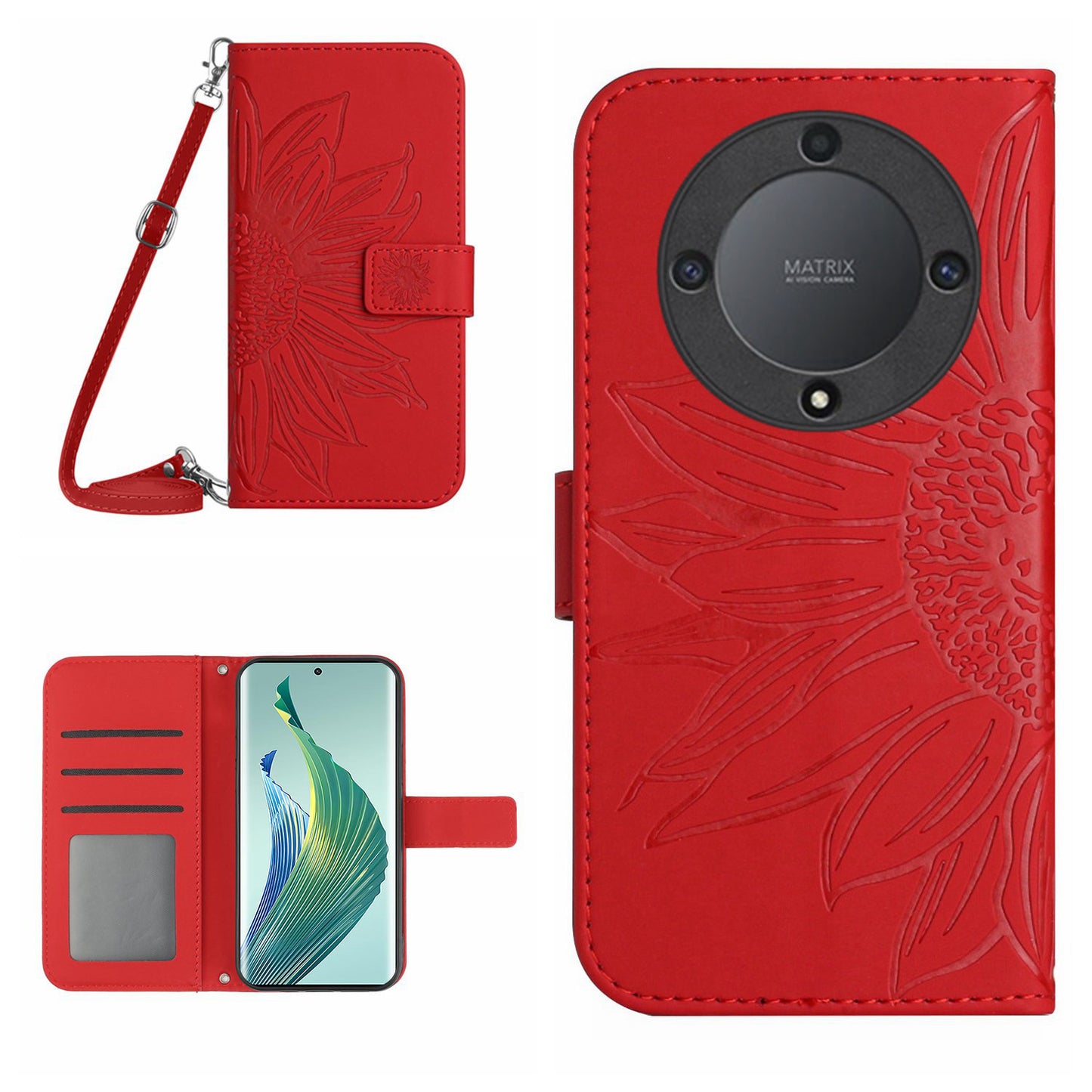 For Honor Magic5 Lite 5G / X9a 5G HT04 Leather Phone Case Sunflower Pattern Stand Wallet Cover with Shoulder Strap