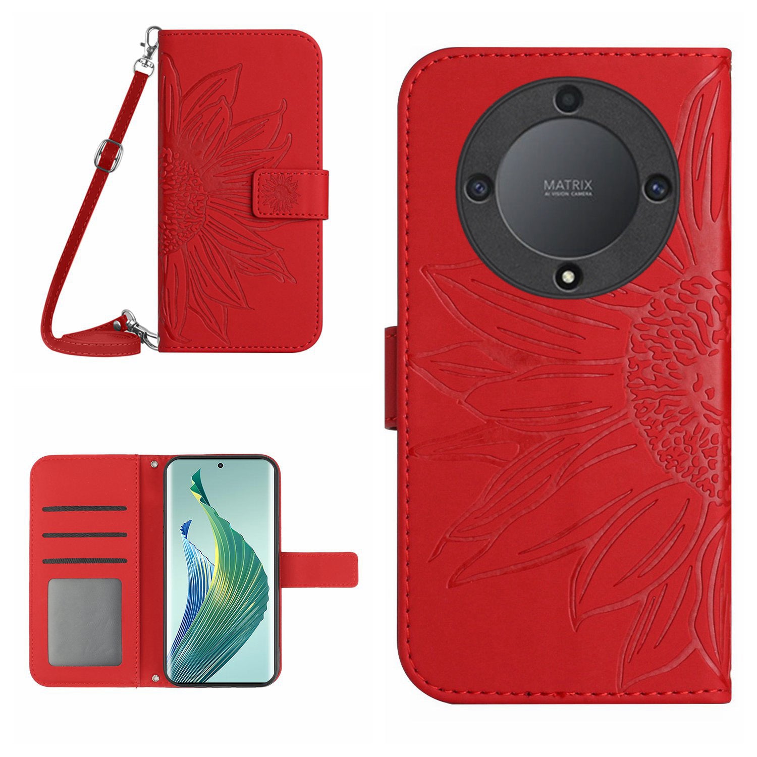For Honor Magic5 Lite 5G / X9a 5G HT04 Leather Phone Case Sunflower Pattern Stand Wallet Cover with Shoulder Strap