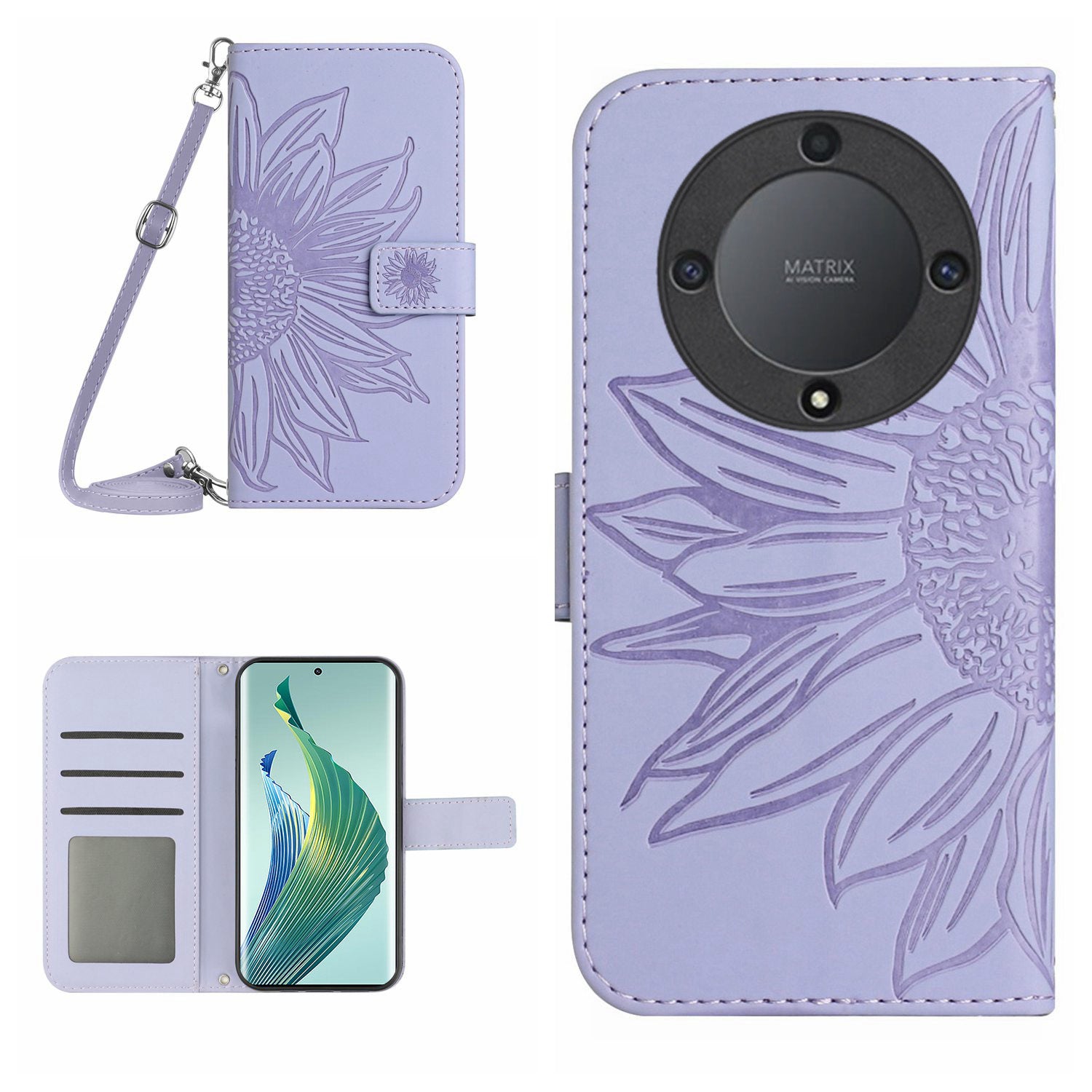 For Honor Magic5 Lite 5G / X9a 5G HT04 Leather Phone Case Sunflower Pattern Stand Wallet Cover with Shoulder Strap