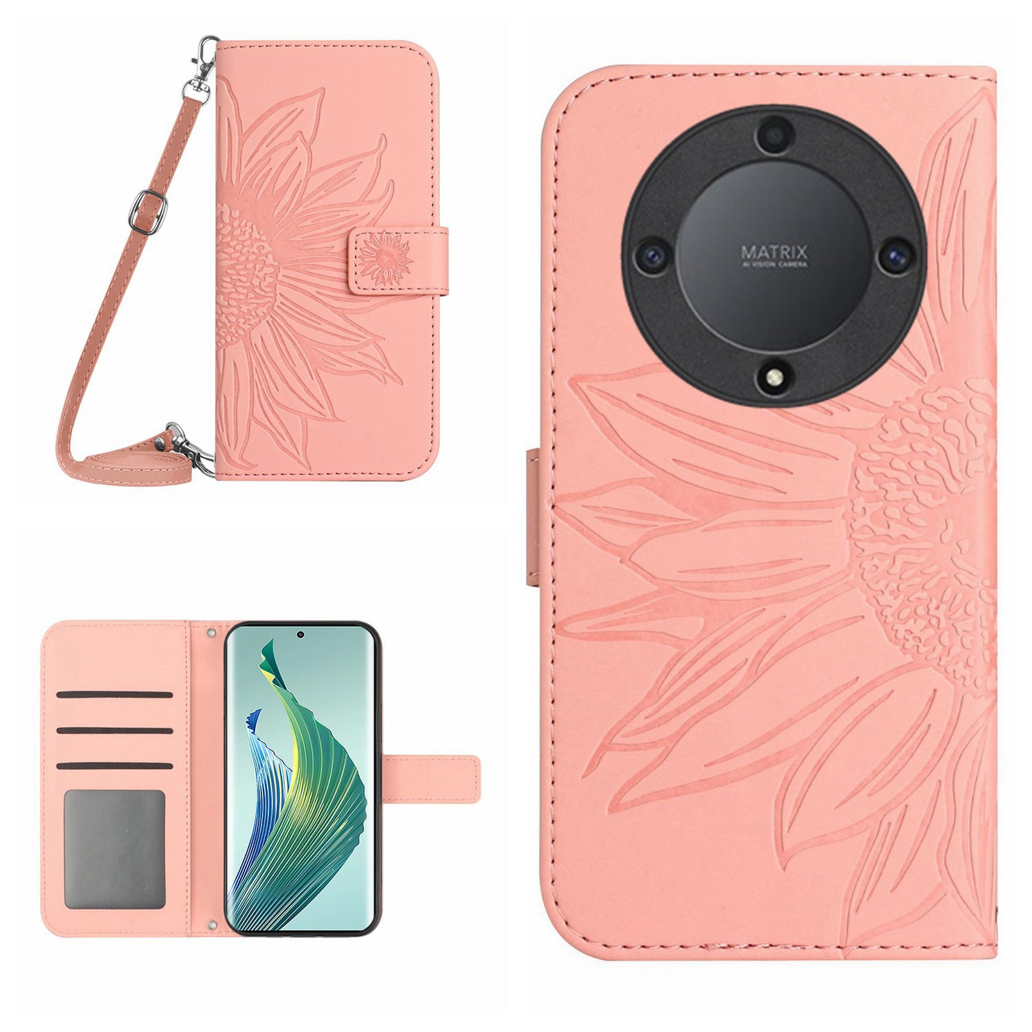 For Honor Magic5 Lite 5G / X9a 5G HT04 Leather Phone Case Sunflower Pattern Stand Wallet Cover with Shoulder Strap