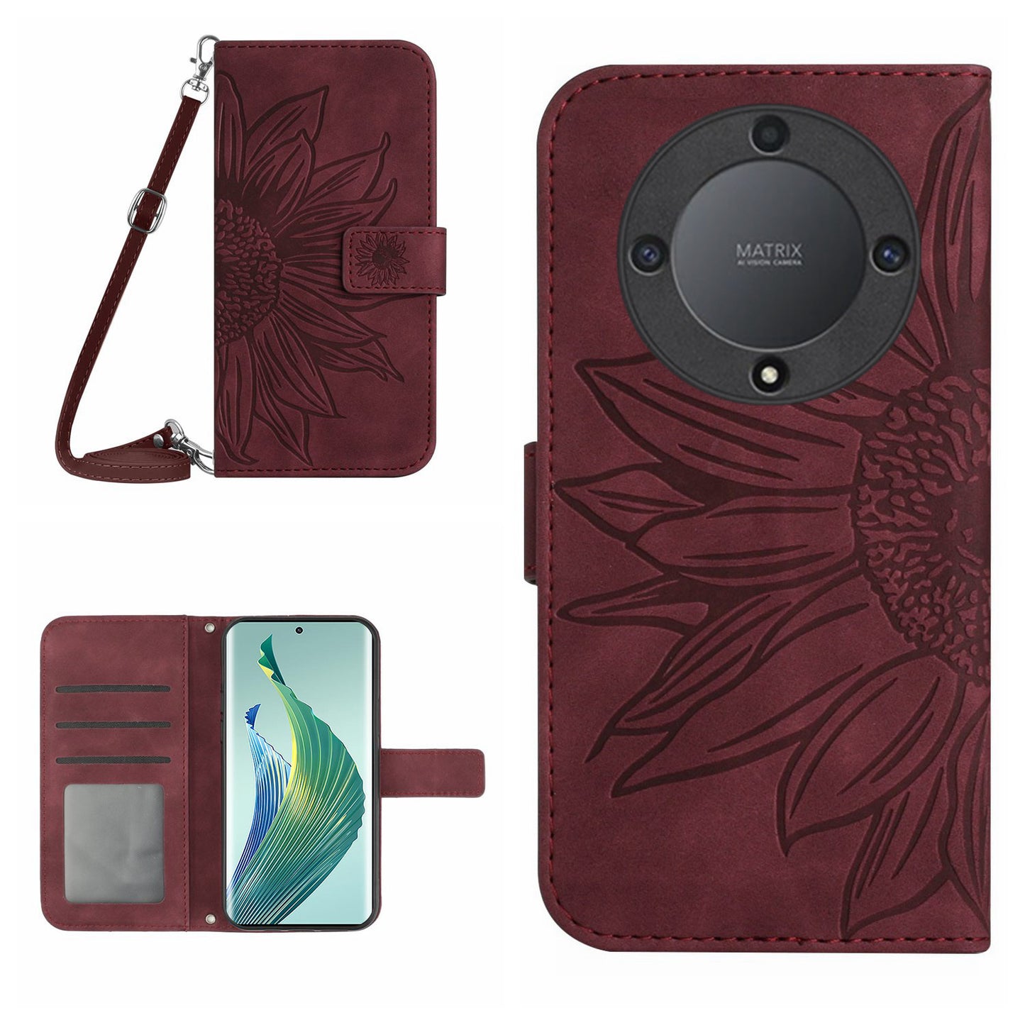 For Honor Magic5 Lite 5G / X9a 5G HT04 Leather Phone Case Sunflower Pattern Stand Wallet Cover with Shoulder Strap