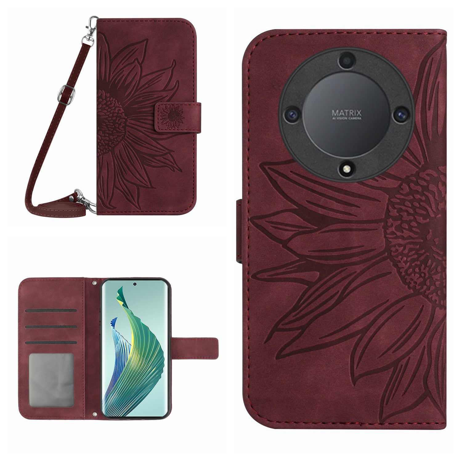 For Honor Magic5 Lite 5G / X9a 5G HT04 Leather Phone Case Sunflower Pattern Stand Wallet Cover with Shoulder Strap