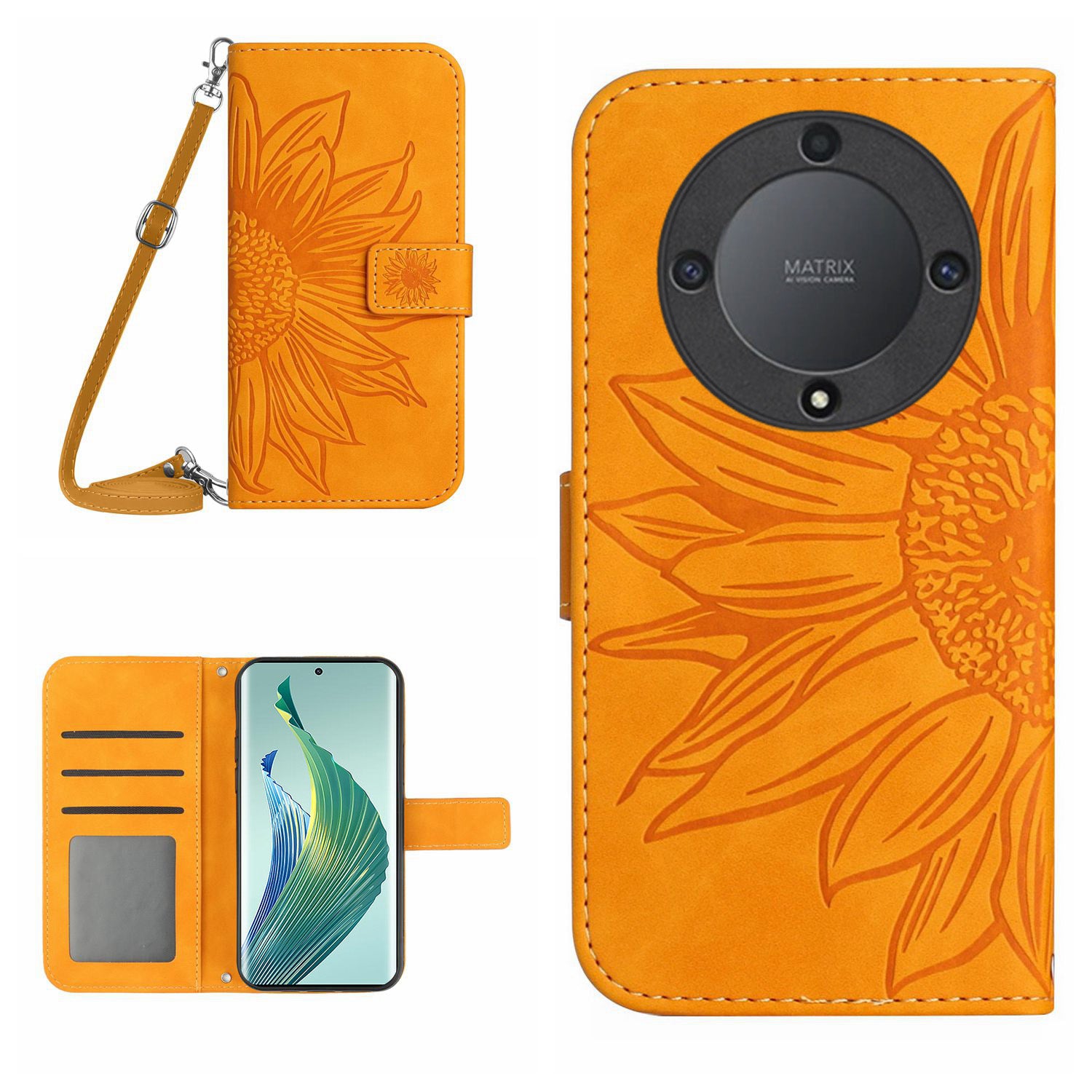 For Honor Magic5 Lite 5G / X9a 5G HT04 Leather Phone Case Sunflower Pattern Stand Wallet Cover with Shoulder Strap