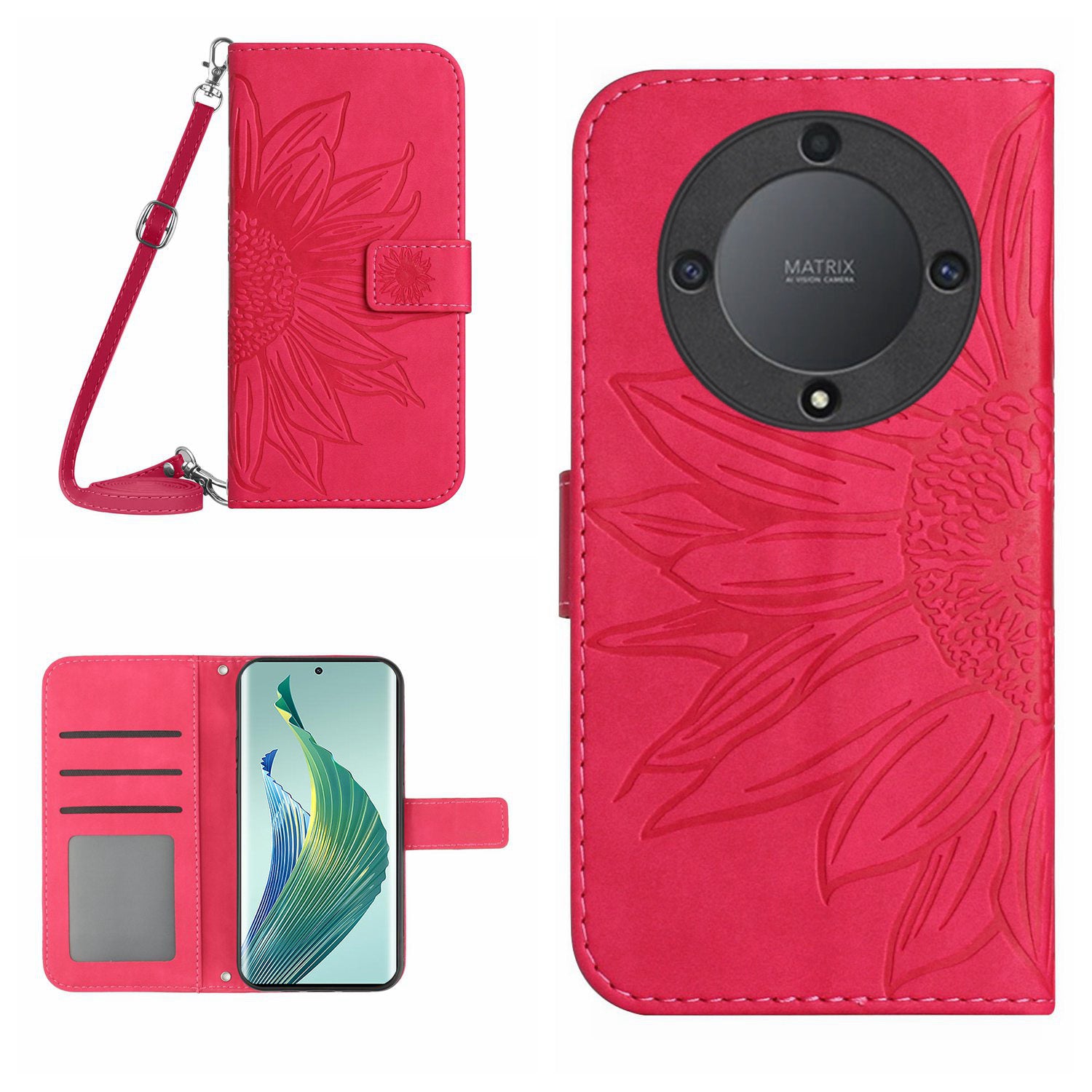 For Honor Magic5 Lite 5G / X9a 5G HT04 Leather Phone Case Sunflower Pattern Stand Wallet Cover with Shoulder Strap