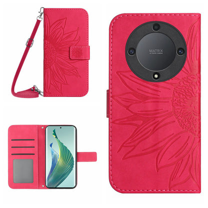 For Honor Magic5 Lite 5G / X9a 5G HT04 Leather Phone Case Sunflower Pattern Stand Wallet Cover with Shoulder Strap