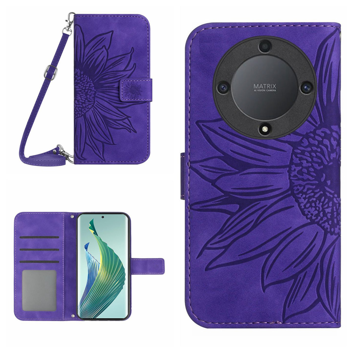 For Honor Magic5 Lite 5G / X9a 5G HT04 Leather Phone Case Sunflower Pattern Stand Wallet Cover with Shoulder Strap
