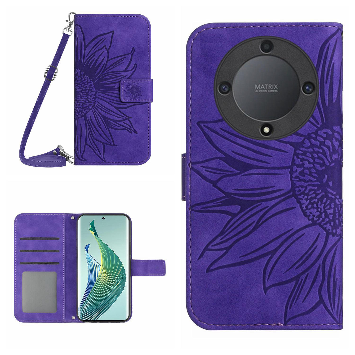 For Honor Magic5 Lite 5G / X9a 5G HT04 Leather Phone Case Sunflower Pattern Stand Wallet Cover with Shoulder Strap