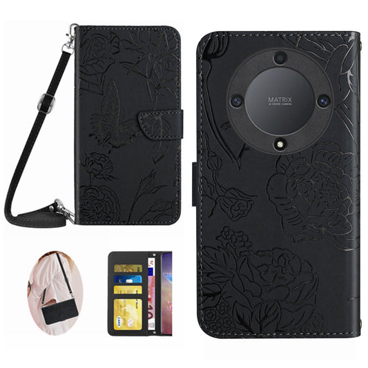 HT03 For Honor Magic5 Lite 5G / X9a 5G Phone Stand Case Butterfly Flowers Imprinted Wallet Leather Cover with Shoulder Strap