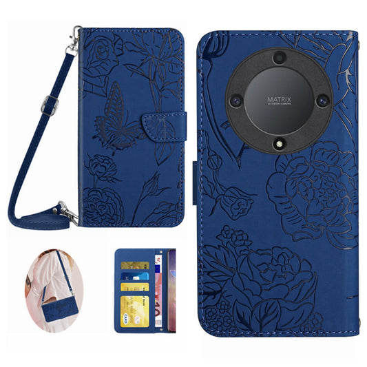 HT03 For Honor Magic5 Lite 5G / X9a 5G Phone Stand Case Butterfly Flowers Imprinted Wallet Leather Cover with Shoulder Strap