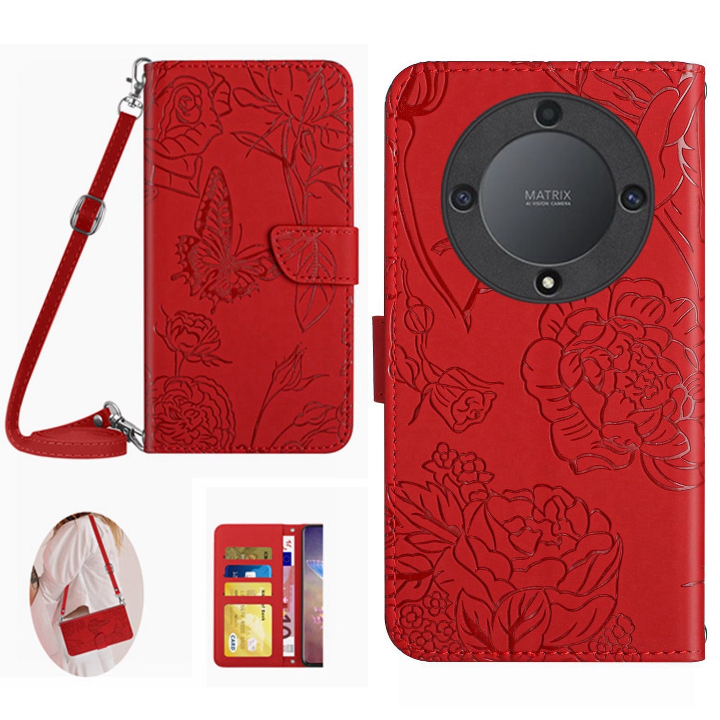 HT03 For Honor Magic5 Lite 5G / X9a 5G Phone Stand Case Butterfly Flowers Imprinted Wallet Leather Cover with Shoulder Strap