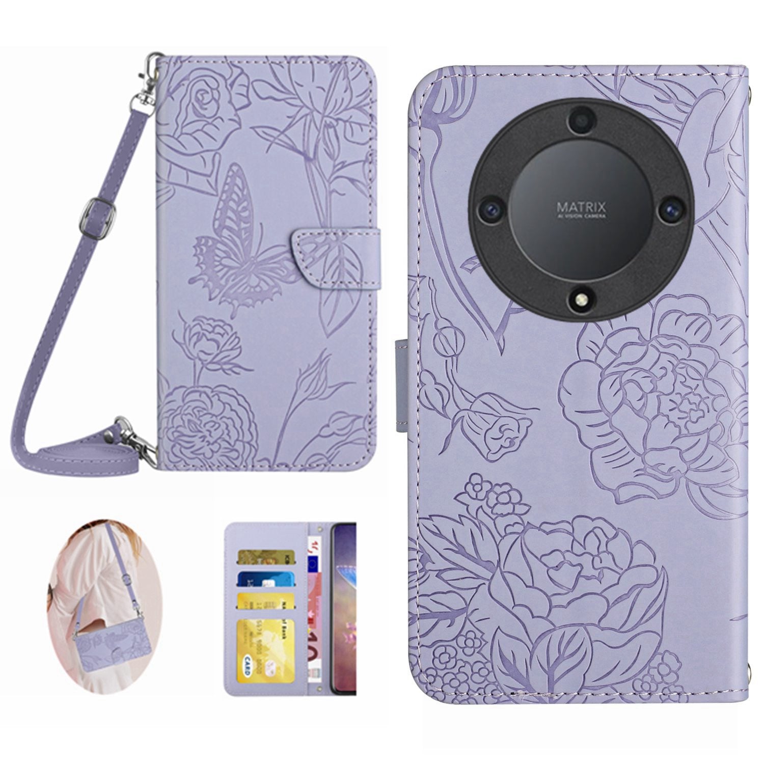 HT03 For Honor Magic5 Lite 5G / X9a 5G Phone Stand Case Butterfly Flowers Imprinted Wallet Leather Cover with Shoulder Strap