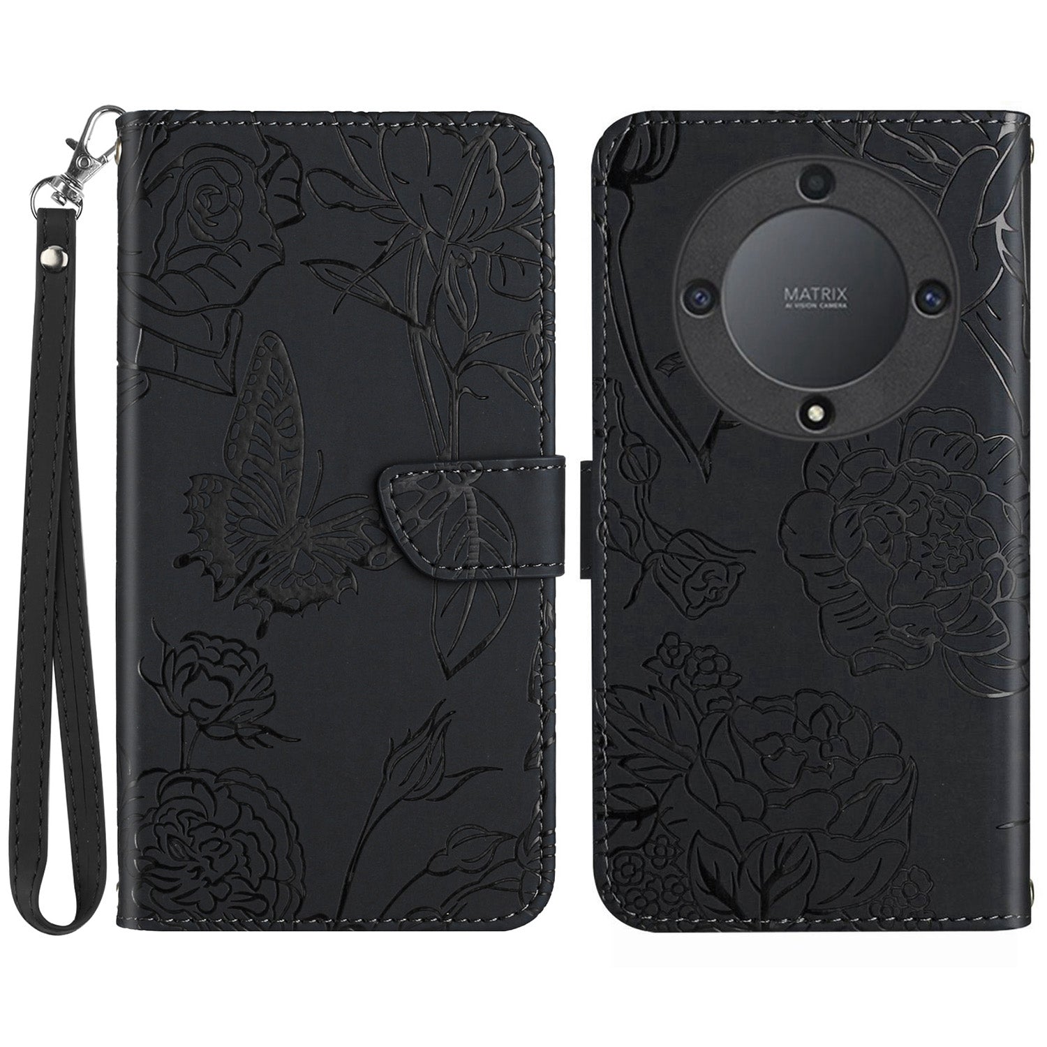 HT03 For Honor Magic5 Lite 5G / X9a 5G Wallet Phone Case Imprinted Leather Phone Stand Cover with Handy Strap