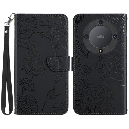HT03 For Honor Magic5 Lite 5G / X9a 5G Wallet Phone Case Imprinted Leather Phone Stand Cover with Handy Strap