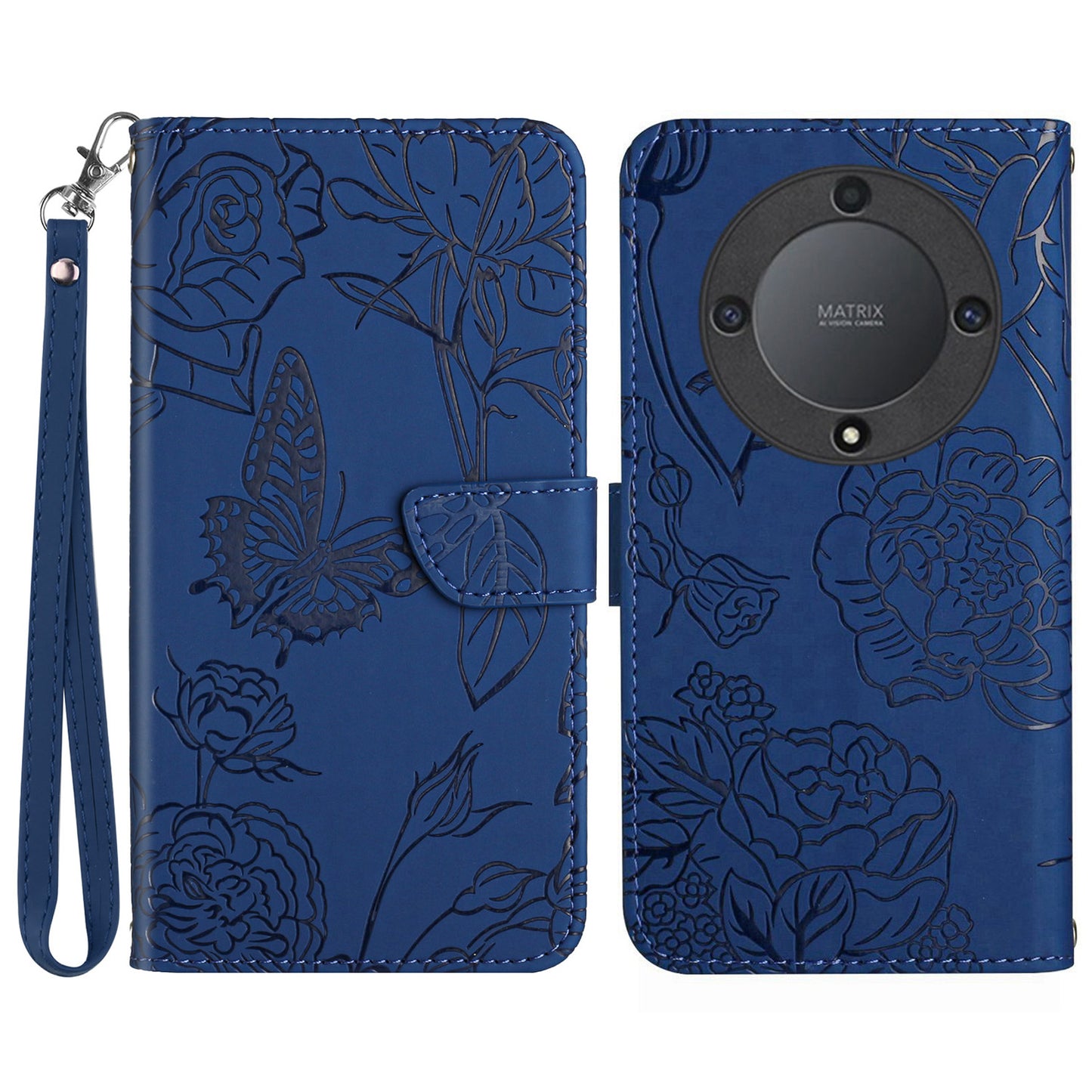 HT03 For Honor Magic5 Lite 5G / X9a 5G Wallet Phone Case Imprinted Leather Phone Stand Cover with Handy Strap