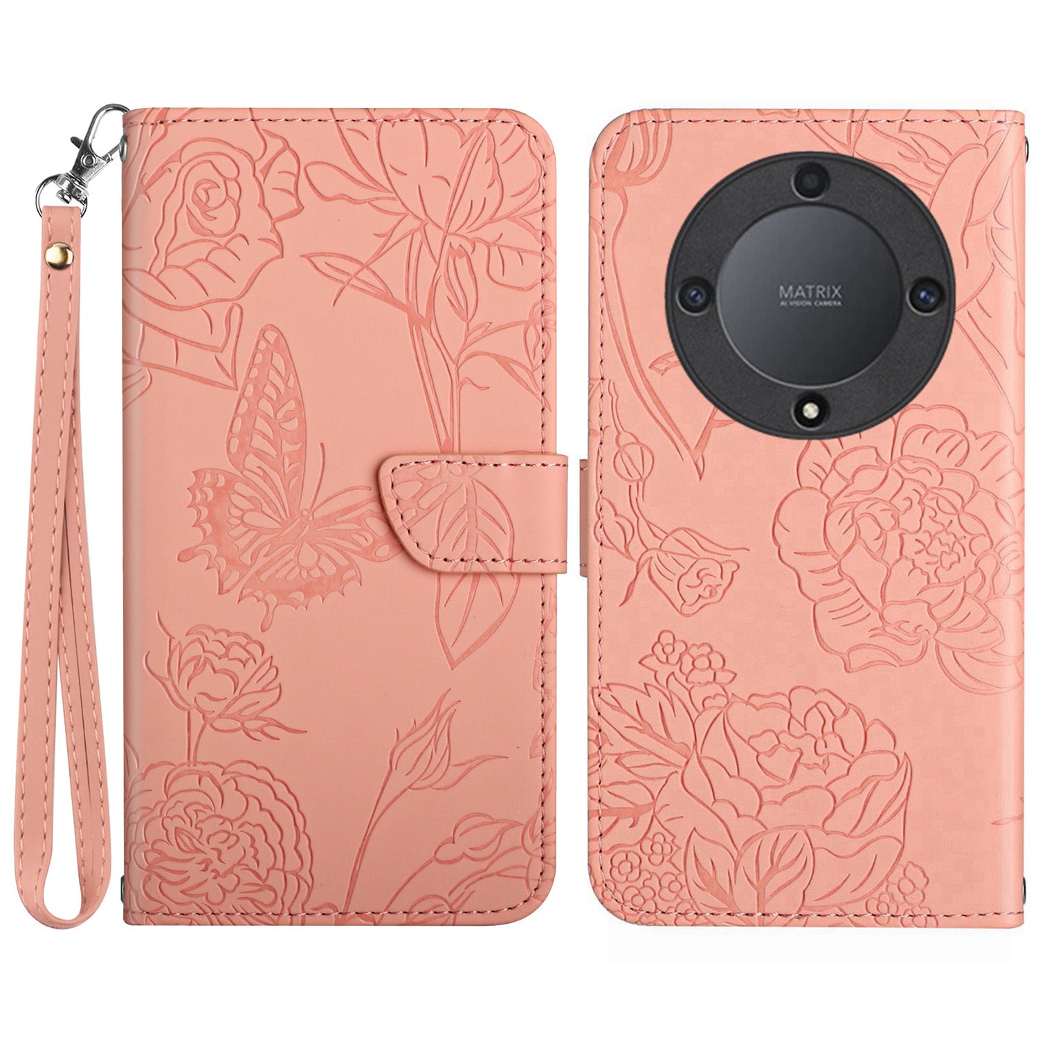 HT03 For Honor Magic5 Lite 5G / X9a 5G Wallet Phone Case Imprinted Leather Phone Stand Cover with Handy Strap