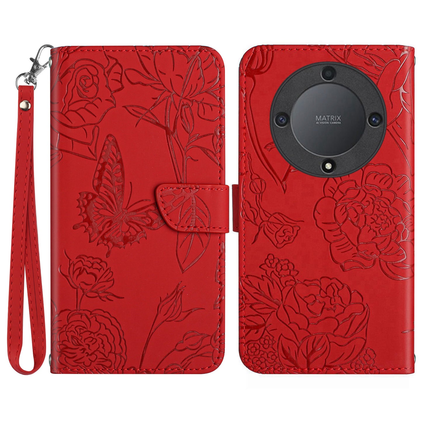 HT03 For Honor Magic5 Lite 5G / X9a 5G Wallet Phone Case Imprinted Leather Phone Stand Cover with Handy Strap