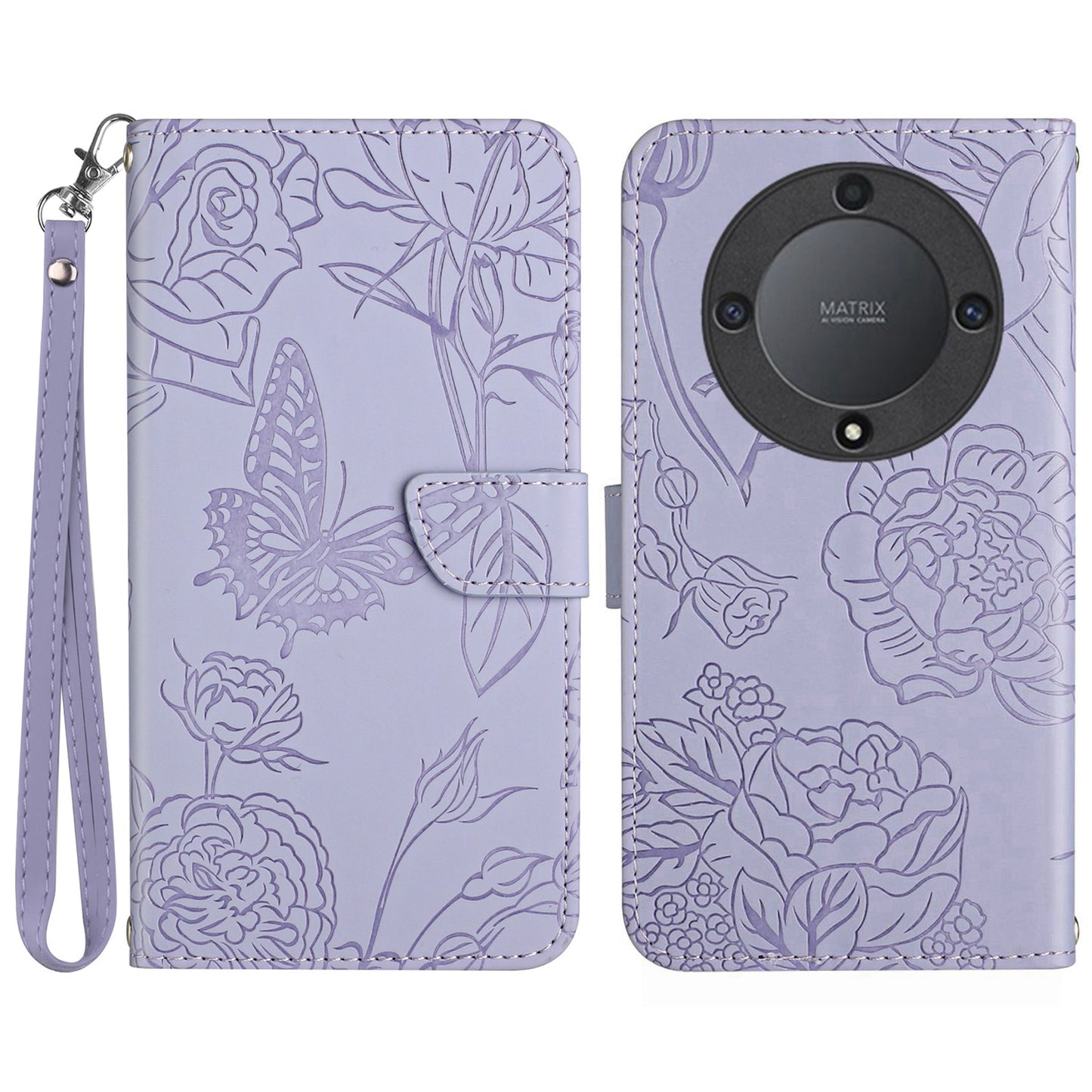 HT03 For Honor Magic5 Lite 5G / X9a 5G Wallet Phone Case Imprinted Leather Phone Stand Cover with Handy Strap
