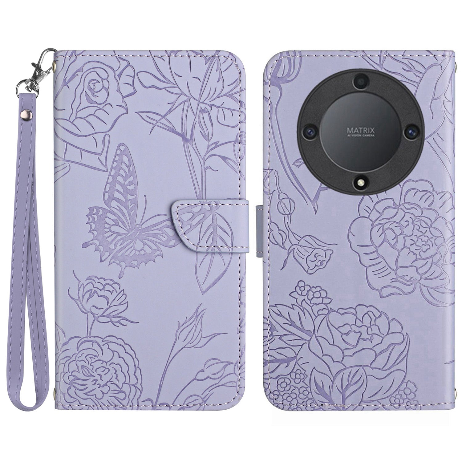 HT03 For Honor Magic5 Lite 5G / X9a 5G Wallet Phone Case Imprinted Leather Phone Stand Cover with Handy Strap