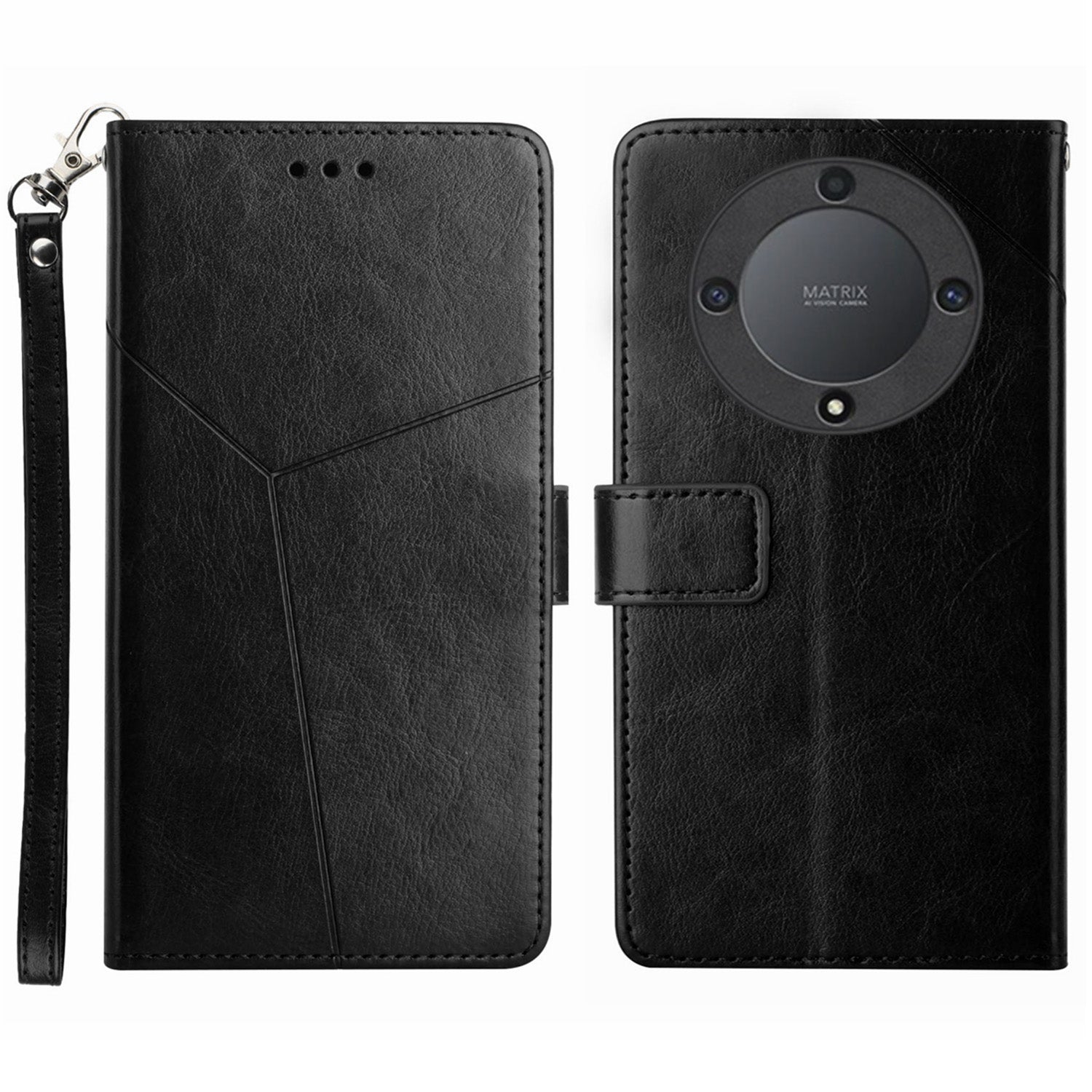 HT01 For Honor Magic5 Lite 5G / X9a 5G Phone Leather Case Imprinted Y-shaped Line Stand Phone Wallet Cover