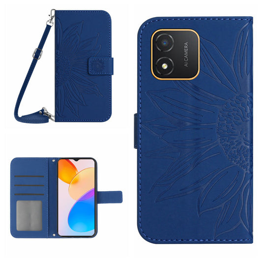 For Honor X5 4G HT04 Sunflower Pattern PU Leather Cover Stand Wallet Phone Case with Shoulder Strap