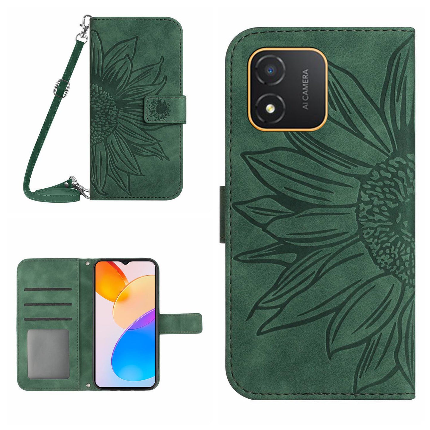 For Honor X5 4G HT04 Sunflower Pattern PU Leather Cover Stand Wallet Phone Case with Shoulder Strap
