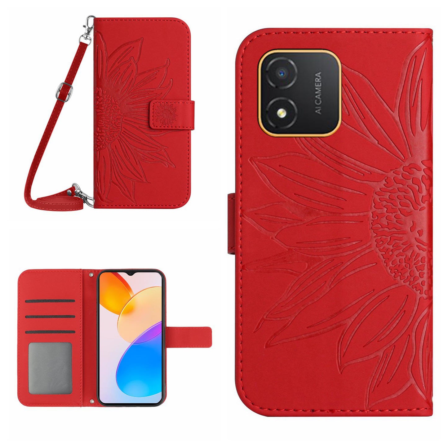 For Honor X5 4G HT04 Sunflower Pattern PU Leather Cover Stand Wallet Phone Case with Shoulder Strap