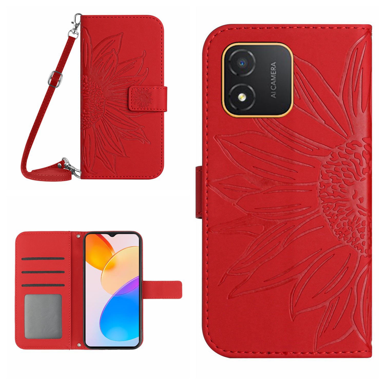 For Honor X5 4G HT04 Sunflower Pattern PU Leather Cover Stand Wallet Phone Case with Shoulder Strap