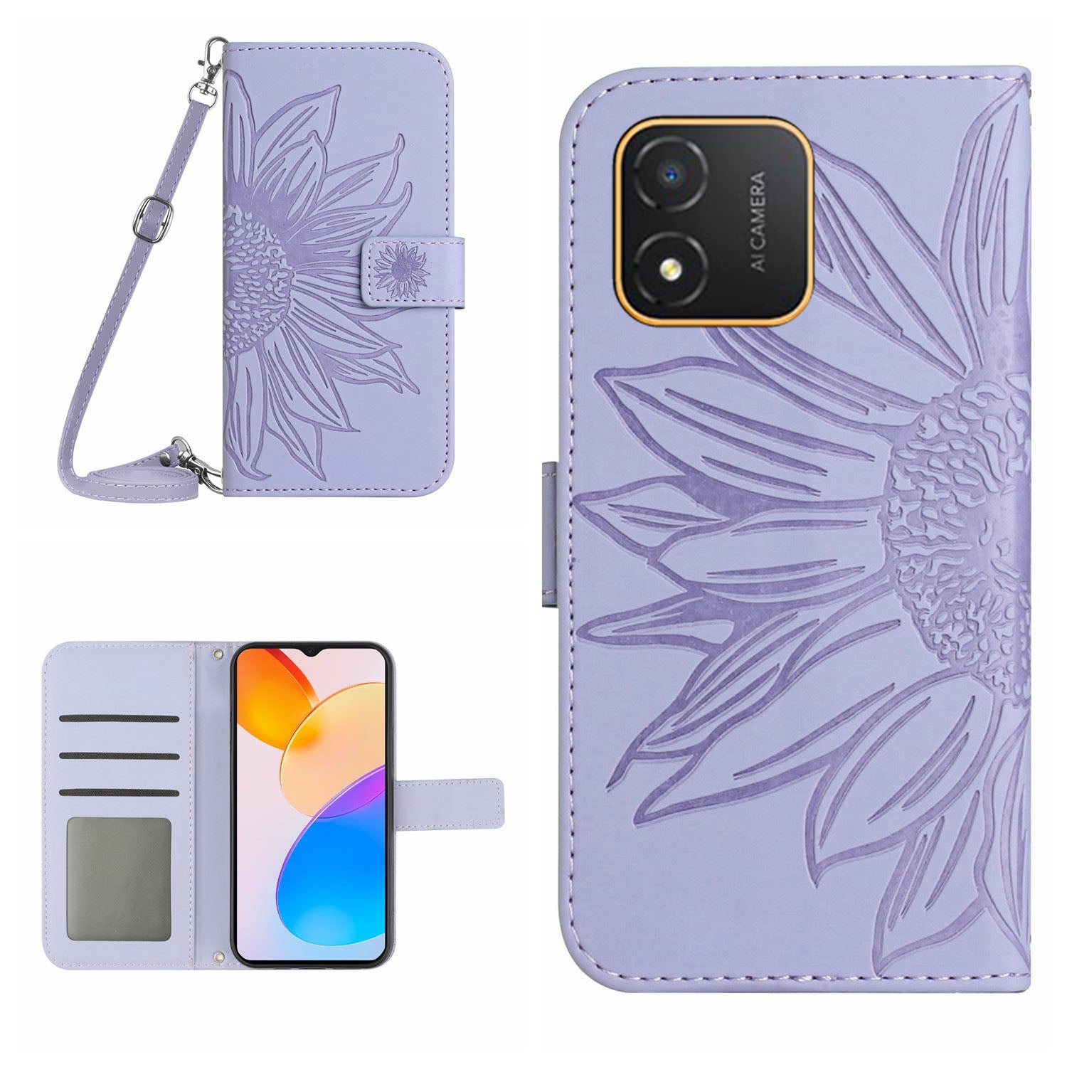 For Honor X5 4G HT04 Sunflower Pattern PU Leather Cover Stand Wallet Phone Case with Shoulder Strap