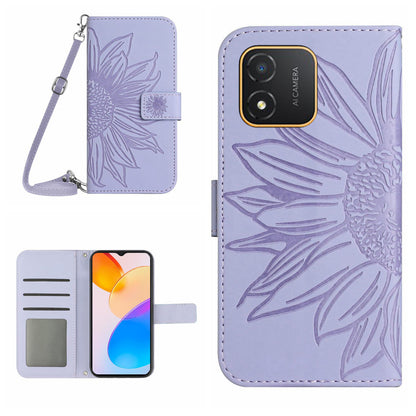 For Honor X5 4G HT04 Sunflower Pattern PU Leather Cover Stand Wallet Phone Case with Shoulder Strap
