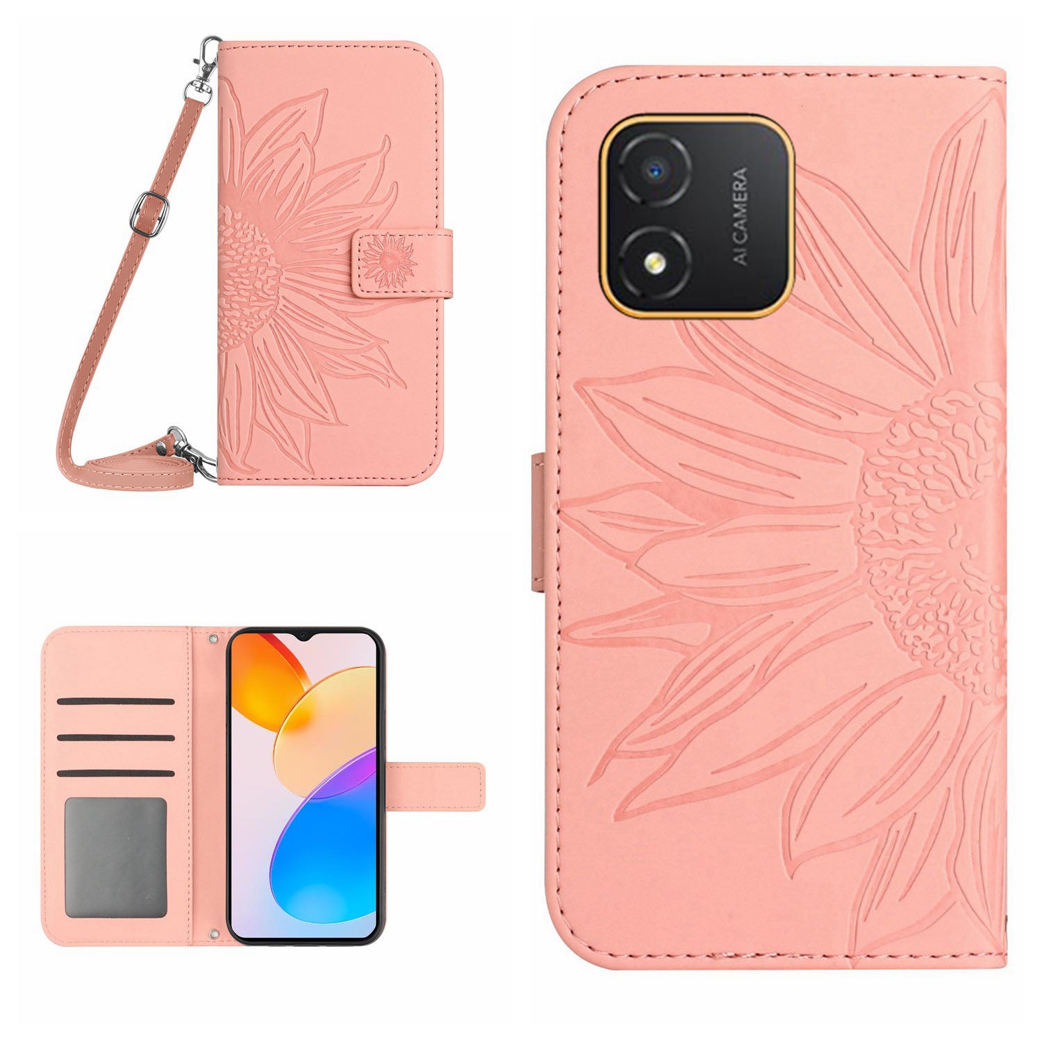 For Honor X5 4G HT04 Sunflower Pattern PU Leather Cover Stand Wallet Phone Case with Shoulder Strap