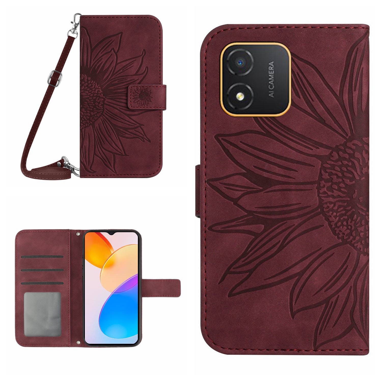For Honor X5 4G HT04 Sunflower Pattern PU Leather Cover Stand Wallet Phone Case with Shoulder Strap
