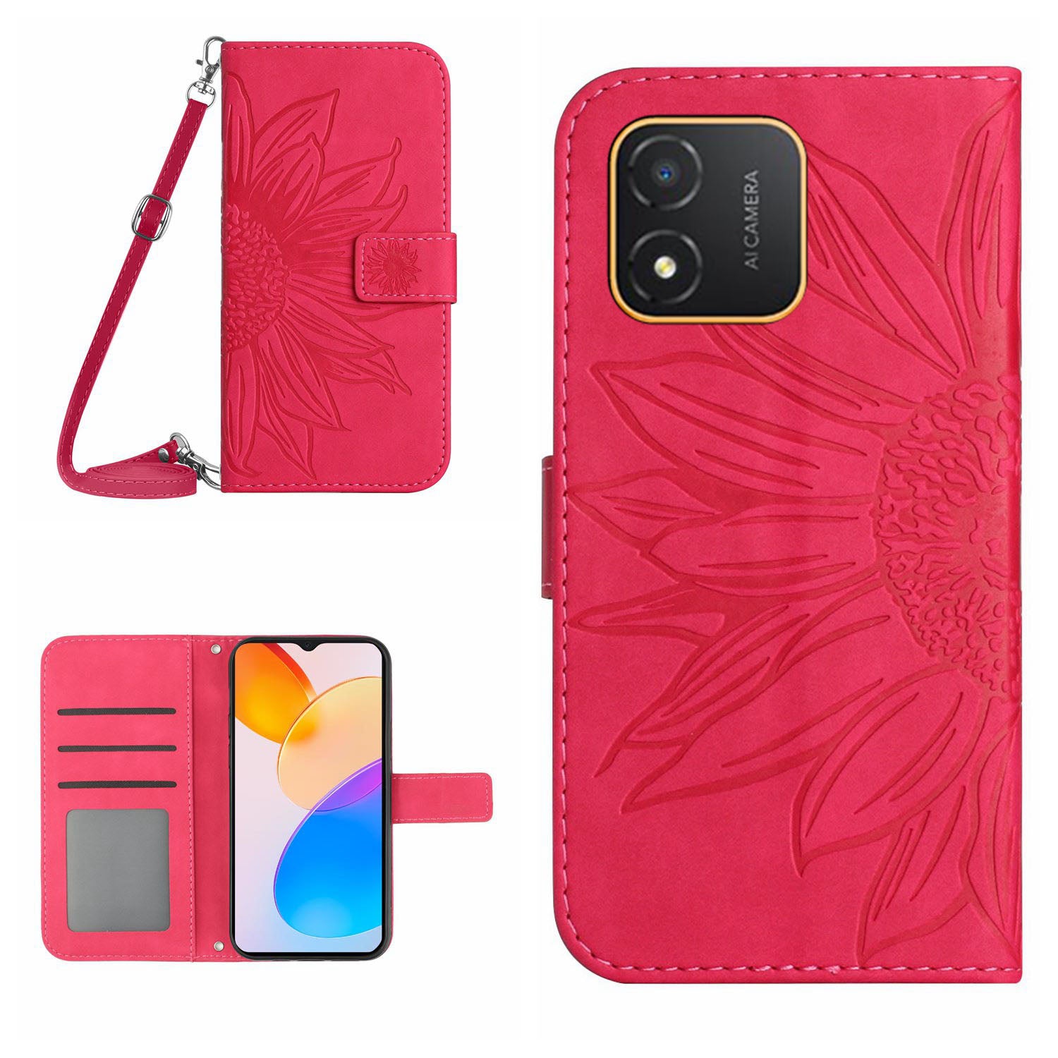 For Honor X5 4G HT04 Sunflower Pattern PU Leather Cover Stand Wallet Phone Case with Shoulder Strap