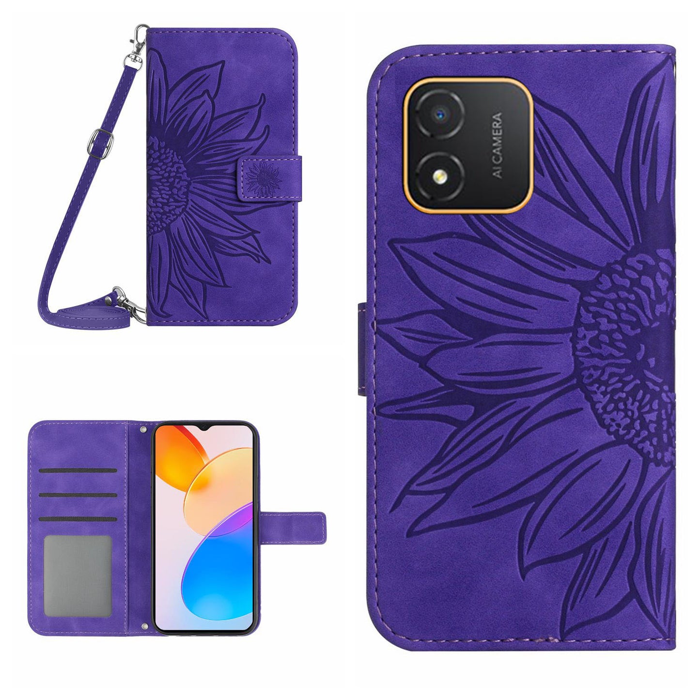 For Honor X5 4G HT04 Sunflower Pattern PU Leather Cover Stand Wallet Phone Case with Shoulder Strap