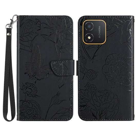 HT03 Butterfly Flowers Phone Case for Honor X5 4G , PU Leather Stand Wallet Cover with Handy Strap