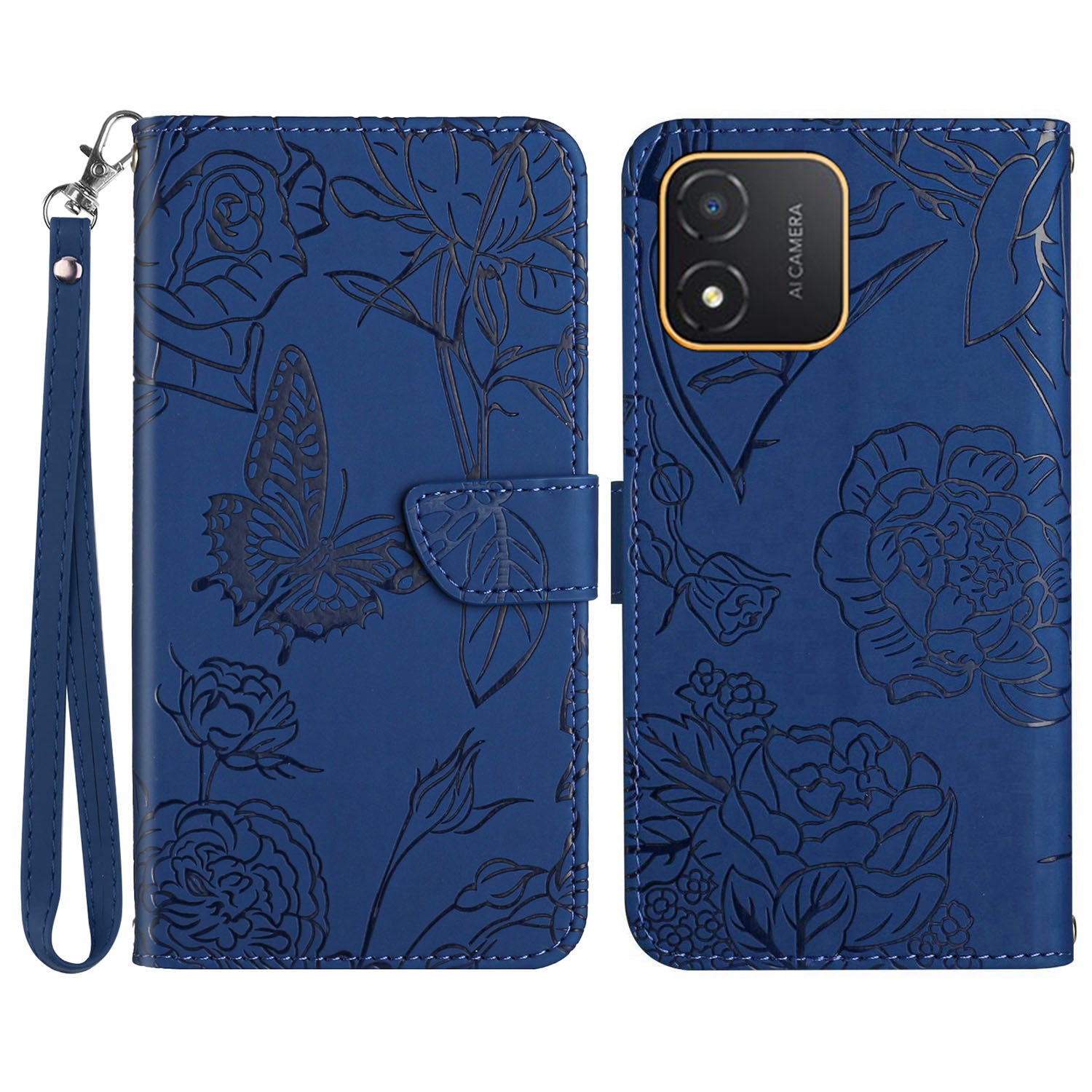 HT03 Butterfly Flowers Phone Case for Honor X5 4G , PU Leather Stand Wallet Cover with Handy Strap