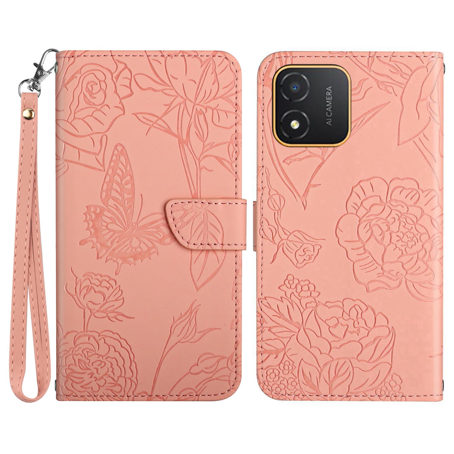 HT03 Butterfly Flowers Phone Case for Honor X5 4G , PU Leather Stand Wallet Cover with Handy Strap