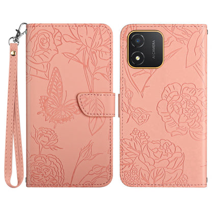 HT03 Butterfly Flowers Phone Case for Honor X5 4G , PU Leather Stand Wallet Cover with Handy Strap
