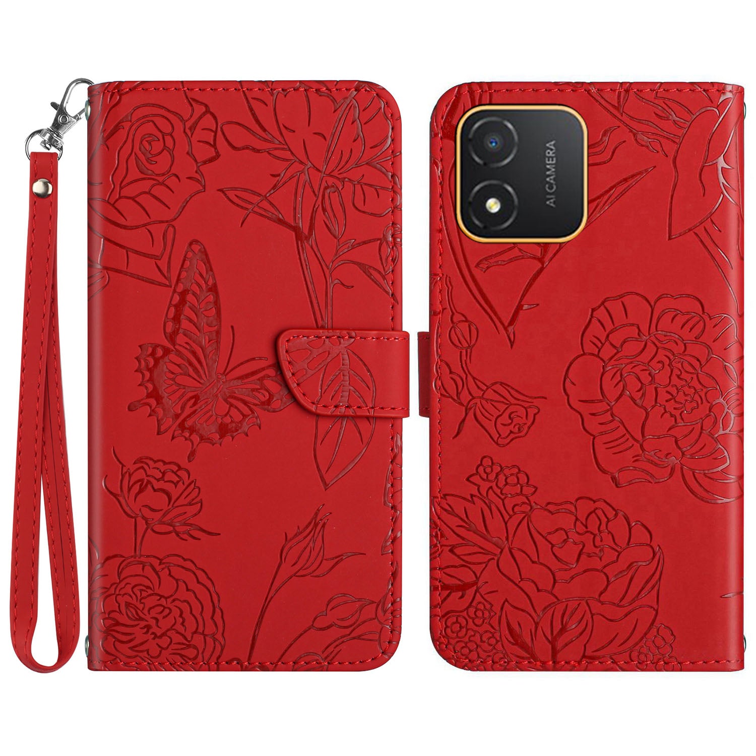 HT03 Butterfly Flowers Phone Case for Honor X5 4G , PU Leather Stand Wallet Cover with Handy Strap