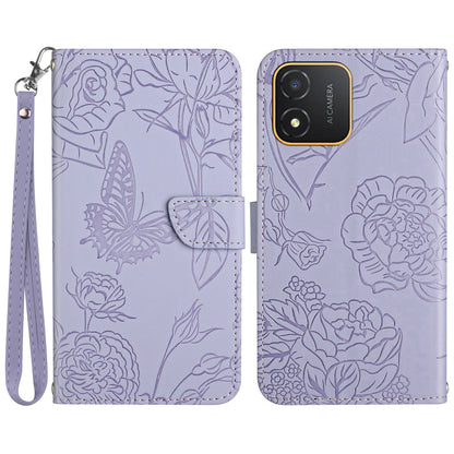 HT03 Butterfly Flowers Phone Case for Honor X5 4G , PU Leather Stand Wallet Cover with Handy Strap