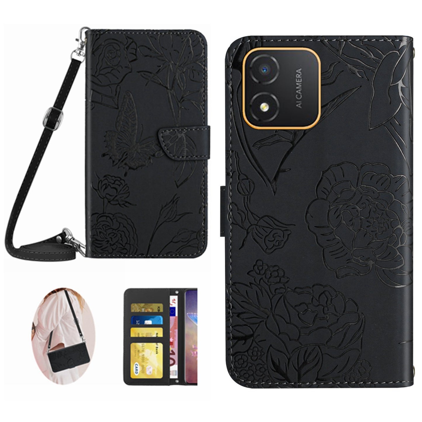 HT03 Butterfly Flowers Imprinted Phone Case for Honor X5 4G , PU Leather Stand Wallet Flip Cover with Shoulder Strap