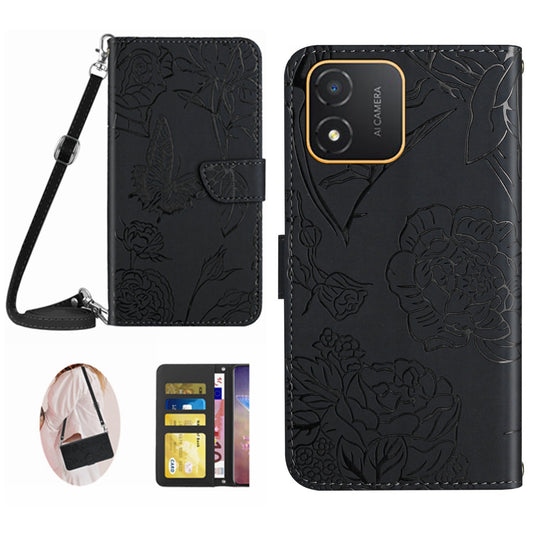 HT03 Butterfly Flowers Imprinted Phone Case for Honor X5 4G , PU Leather Stand Wallet Flip Cover with Shoulder Strap