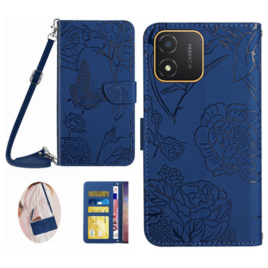 HT03 Butterfly Flowers Imprinted Phone Case for Honor X5 4G , PU Leather Stand Wallet Flip Cover with Shoulder Strap