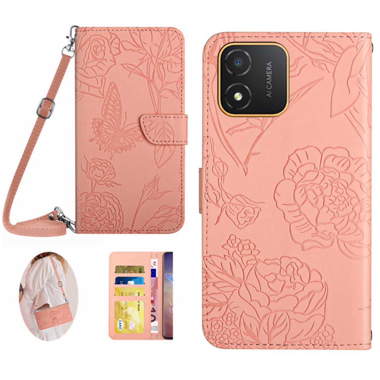 HT03 Butterfly Flowers Imprinted Phone Case for Honor X5 4G , PU Leather Stand Wallet Flip Cover with Shoulder Strap