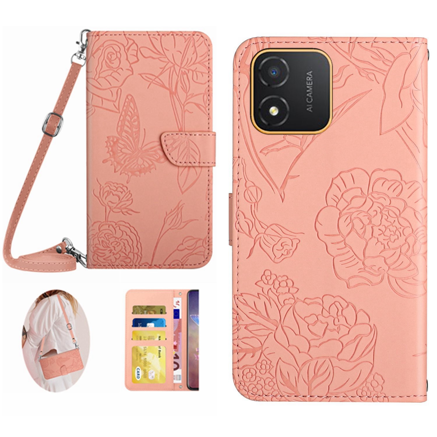 HT03 Butterfly Flowers Imprinted Phone Case for Honor X5 4G , PU Leather Stand Wallet Flip Cover with Shoulder Strap