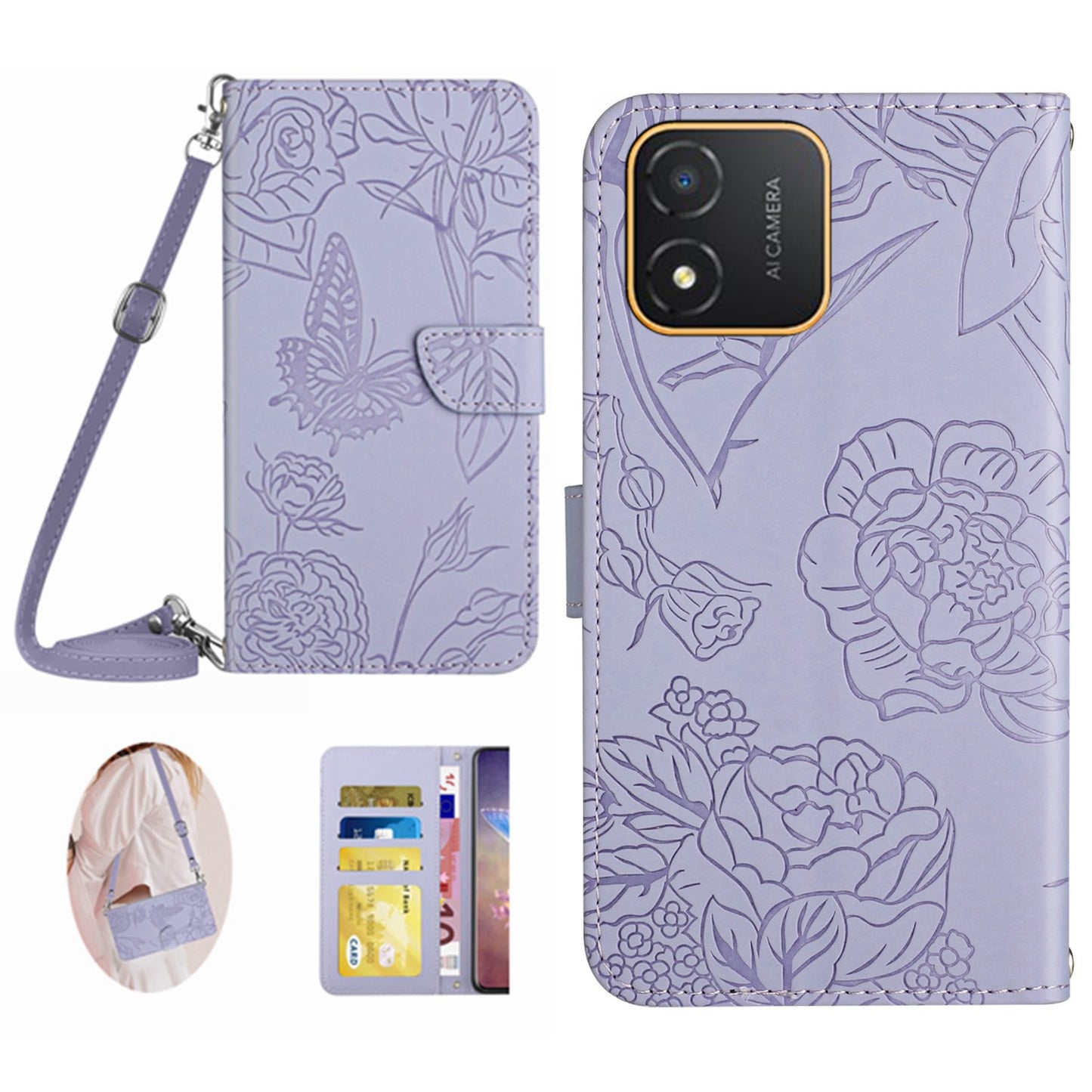 HT03 Butterfly Flowers Imprinted Phone Case for Honor X5 4G , PU Leather Stand Wallet Flip Cover with Shoulder Strap