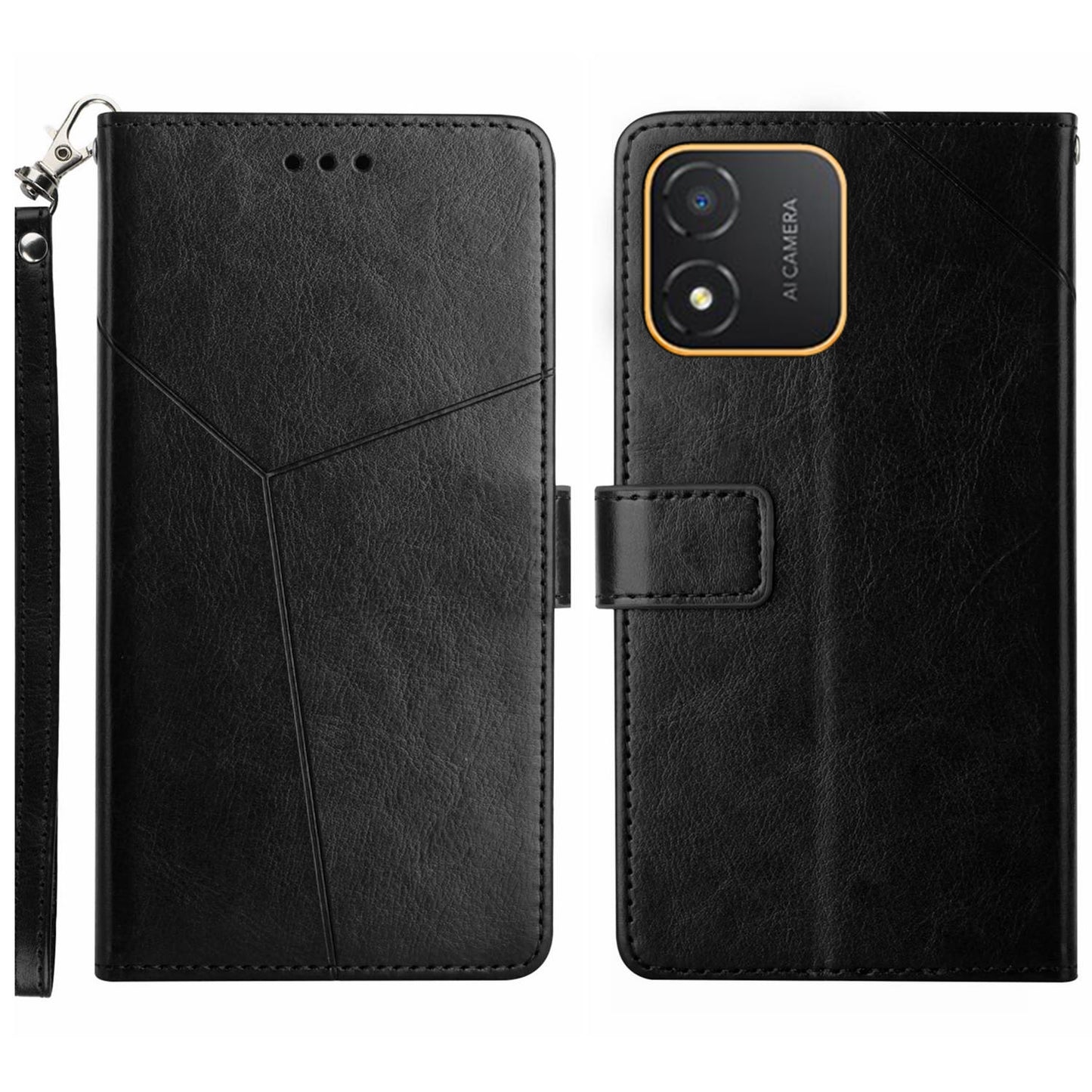 HT01 PU Leather Phone Case for Honor X5 4G , Y-shaped Line Imprinted Flip Stand Wallet Cover