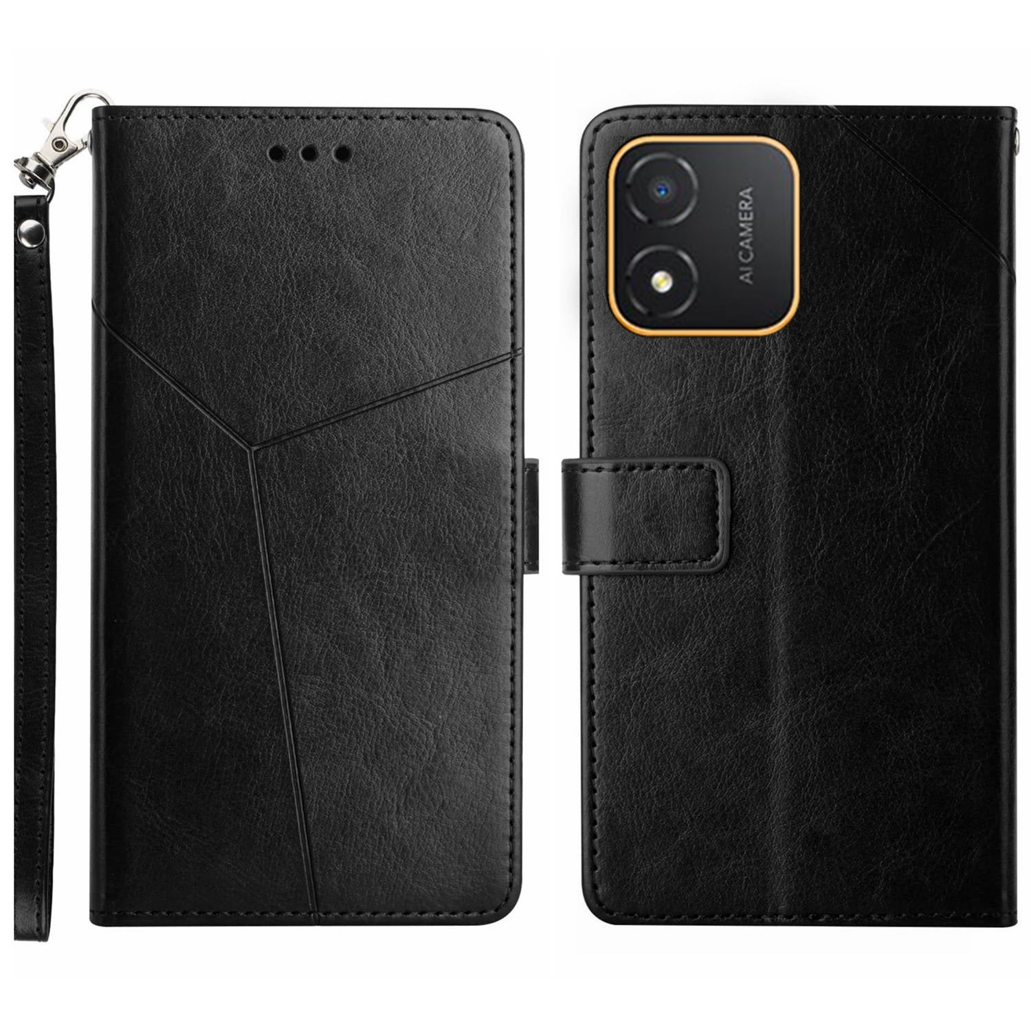 HT01 PU Leather Phone Case for Honor X5 4G , Y-shaped Line Imprinted Flip Stand Wallet Cover